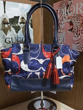 Coach Printed Navy, Red & Orange Leather-Trim Shoulder Bag Poppy